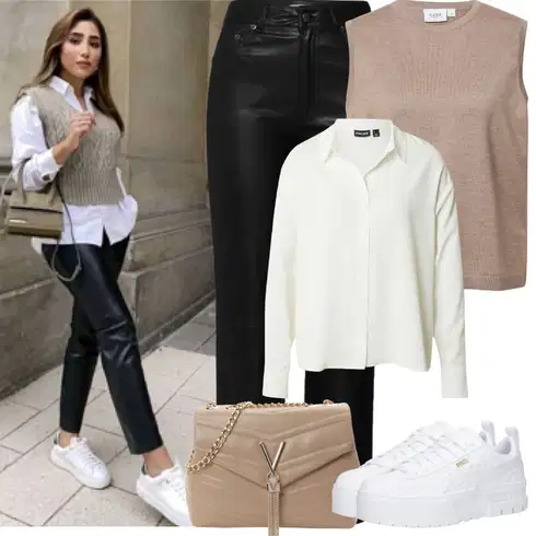 Kombinace Bílá/Krémová/Světle zelená Otevřená Halenka/Kožená bunda pro muže/Blůza s knoflíčkem/Halenka se Stojatým Límcem/Businessová Halenka/Halenka s Dlouhým Rukávem/Oversize Halenka/Oversize Muselínová Blůza/Slip-on Halenka Pieces kombinovat s Černá/Hnědá/Oranžová Kožené zvonové kalhoty/Culotte Kalhoty/Kožená Kalhoty/Kalhoty z Umělé Kůže/Kalhoty s nášivkou uprostřed/Kalhoty se Štěrbinou Edited