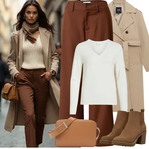 Kombinace Khaki/Hnědá/Tmavě hnědá/Oranžová Široká Kalhoty/Marlene Kalhoty/Paperbag Kalhoty/Mušelínové kalhoty/Kalhoty s Vysokým Pasem/Kalhoty se Štěrbinou/Twillová Kalhoty/Obleková Kalhoty bella x about you kombinovat s Krémová/Béžová/Bílá/Světle zelená/Khaki Sveter Basic Svetr/Svetr Carmen/Kašmírový Svetr/Kašmírový Svetr/Jednoduchý Svetr/Termo Svetr/Svetr s V-výstřihem Vila