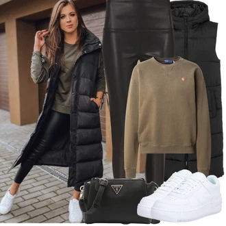 Outfit sa Crna Dugi Prsluk/Pufnasti Prsluk/Donji Prsluk Pieces "Zimske Odjeće"