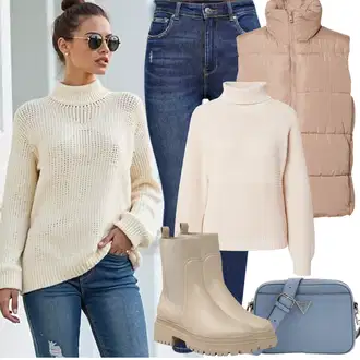 Outfit sa Bež/Smeđa/Kaki Kožna Jakna/Podstavljena Gležnjača/Gumena Gležnjača/Ravna Gležnjača/Chelsea Gležnjača About You "Zimske Odjeće"