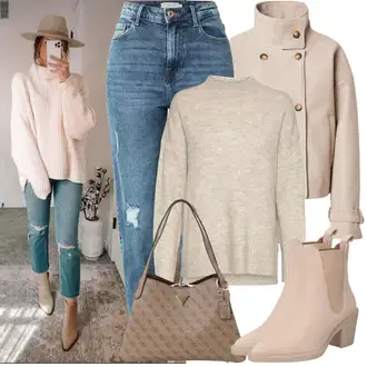Outfit sa Pink/Smeđa/Bež Chelsea Gležnjača/Čizma na Špic/Kožna Jakna/Kaubojska čizma/ljetna gležnjača/Western Gležnjača About You "Zimske Odjeće"