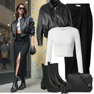 Outfit sa Crna Chelsea Gležnjača/Gumena Gležnjača/Ravna Gležnjača/Podstavljena Gležnjača/Kožna Jakna About You "Zimske Odjeće"