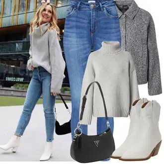 Outfity na zimu s Modrá/Světle modrá Motorkářské Džíny/Termální Džíny/Zkrácené Džíny/Push up Džín/Dámské Džíny s Délkou 7/8/Kožená Pánská Bund/Kotníková Bota/High Waist Džínové Kalhoty/Navlékací džíny/Kožená bunda/Kožené Boty/Zimní bunda Only "Zimní Outfity"