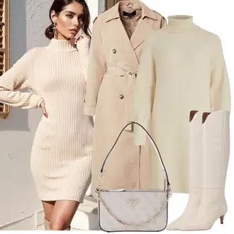 Outfit sa Bijela/Bež/Krem/Kaki Pletena Haljina/Haljina S Visokim Ovratnikom/Džemper Haljina/Zimska Haljina Zimska Pletena Haljina Vila "Zimske Odjeće"