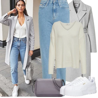 Outfity na zimu Svatba Host s Šedá/Bílá Teniska na platformě/Nízká Teniska Puma "Zimní Outfity"Look: Koncert, Škola, Svatba