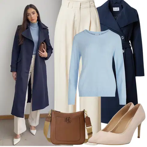 Kombinace Béžová/Khaki Kalhoty se Štěrbinou/Plisovaná Kalhoty/Paperbag Kalhoty/Marlene Kalhoty/Široká Kalhoty/Mušelínové kalhoty/Kalhoty s nášivkou uprostřed/Kalhoty s Vysokým Pasem Leger by Lena Gercke kombinovat s Světle modrá/Modrá Sveter Basic Svetr/Kašmírový Svetr/Svetr z Jemné Pleteniny/Mohair Pullover/Jednoduchý Svetr/Vlněný Svetr Vila