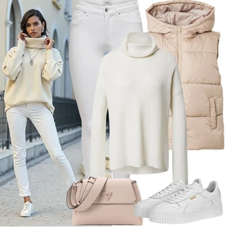 Vlna Outfit s Krémová/Bílá Svetry 2 v 1/Svetr Carmen/Kašmírový Svetr/Vodopádový Svetr/Kašmírový Svetr/Jednoduchý Svetr/Rolák/Zimní Svetr/Vlněný Svetr/Svetr s límečkem Edited "Zimní Outfity"