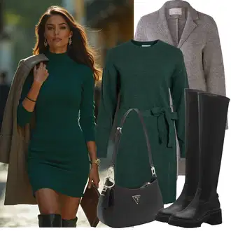 Outfit sa Siva/Smeđa/Svjetlosiva Pleteni Flis Kaput/Pleteni Kaput/Vuneni kaput/loden kaput/Kaput od Tvida/Kaput od Kašmira/Midi Kaput/Kaput od Vunenog Flisa/Kaput od Buklea Oui "Zimske Odjeće"