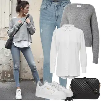 Ležerno Outfit sa Svjetloplava/Plava rupa hlača/Traper Tajice/Hlače s Prorezom/Jeggings/Skinny Hlače VERO MODA "Zimske Odjeće"Look: Stil, Rap, Old Money, Ležerno, moderne, Disko, cool, Prekrasan
