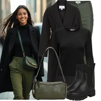 Outfit sa Crna Prijelazni Kaput/Dugi kaput/Ljetni Kaput/Midi Kaput/Kaput od Kašmira/Vuneni kaput/Trenč Kaput/Vuneni Kaput/Baloner Vila "Moderan zimski outfit"
