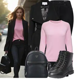 Outfity z džínu Zima s Černá About You, Černá Šněrovací Kotníková Bota/Bojová Bota/Klasická kozačka About You "Stylový zimní outfity"