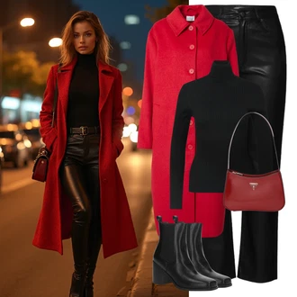 Outfit s Černá/Hnědá/Oranžová Kožená Kalhoty/Zvonová Kalhoty Kožené Zvonové Kalhoty/Kalhoty s nášivkou uprostřed/Kalhoty z Umělé Kůže/Kalhoty se Štěrbinou/Culotte Kalhoty Edited "Stylový zimní outfity"
