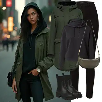 Kombinacije s čizmama sa Crna Chelsea Gležnjača/Podstavljena Gležnjača About You "Zimski look"