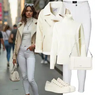 Motorka Zima Outfit s Krémová/Béžová/Khaki/Hnědá/Bílá Bunda Motorkářské Bund/Bouclé Bund/Bunda s Bočním Zipem/Bunda z Jehněčí Kůže/Plyšová Bund/Přechodné Bundy/Vintage Bund/Zimní Bund/Vlněná Bund About You "Zimní look"Look: Krasobruslení, Motorka, Jízda na koni