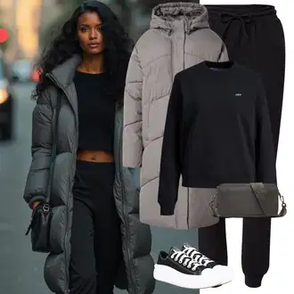 Outfit sa Crna Sportska majica/Kožna jakna/Majica od flisa jjxx "Zimski look"