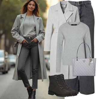 Sportski Jesen Outfit sa Siva/Svjetlosiva Pletivo Veći Broj/Sweater majica VERO MODA "Zimski look"Look: Za Kuću, Transparentan, Besprijekorno, Egirl, Sportski, Ured, Old Money