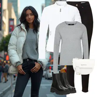 Outfit s Bílá/Krémová Prošívaná Bunda/Letní peřová Bunda/Bunda z umělých vláken/Termo Bund/Bunda s Bočním Zipem Guess "Zimní look"