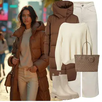 Outfit sa Bež/Smeđa/Kaki Kožna Jakna/Podstavljena Gležnjača/Gumena Gležnjača/Ravna Gležnjača/Chelsea Gležnjača About You "Savršen za zimu"