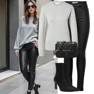 Outfit s Šedá/Stříbrný Basic Svetr/Kašmírový Svetr/Svetr z Jemné Pleteniny/Svetr na kojení/Svetr s Kulatým Výstřihem/Jednoduchý Svetr/Termo Svetr/Svetr s límečkem SAINT TROPEZ "Zimní look"