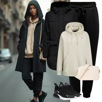 Materijal koji upija znoj Outfit sa Crna Hlače od Flisa/Hlače za Trening/Jersey Hlača/Muška Kožna Jakna/Jogger Hlača/Sportske hlače Only Play, Smeđa/Kaki/Bež Sweater majica jjxx "Sportski zimski outfit"