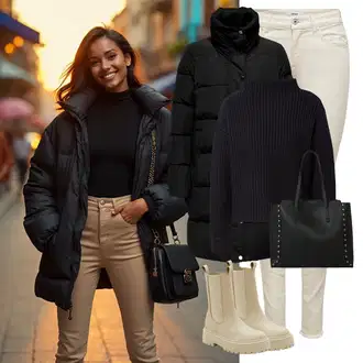 Outfit sa Kaki/Smeđa/Bež Chelsea Gležnjača/Gumena Gležnjača/Kožna Jakna Edited "Zimski look"