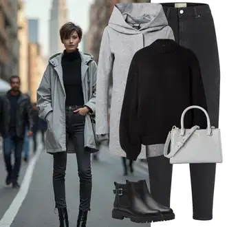 Outfit sa Crna Chelsea Gležnjača/Motociklistička čizma/Ravna Gležnjača/Kožna gležnjača/Kožna Jakna/Podstavljena Gležnjača Tamaris "Zimski look"