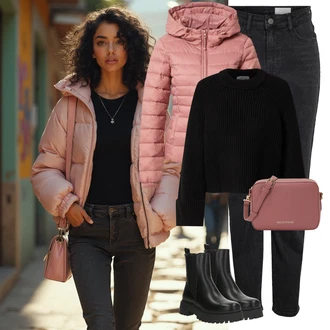 Outfit s Růžová/Červená/Fialová Prošívaná Bunda/Podzimní bunda/Zimní Bund/Letní peřová bunda/Udržitelná bunda/Puchová Bund/Nafukovací Bund/Sbalitelné Bund/Bunda s Kapucí Only "Zimní look"