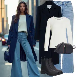 Zvonové kalhoty Outfit s Světle modrá Džíny Džín s Širokou Nohavicí/Dámské Džíny s Délkou 7/8/Zkrácené Džíny/Vintage Džíny/Džíny Volného Střihu/Dad Džíny/Pánské tričko/Džíny s Rozparkem/Zvonové Džíny/Džíny Culottes Only "Zimní look"