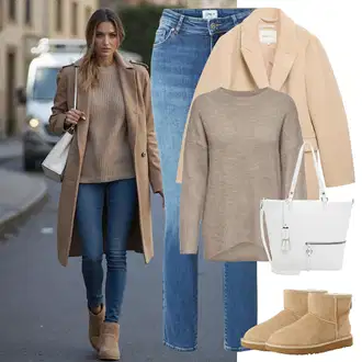 Outfit sa Bež/Kaki/Smeđa Čizma od Janjeće Kože/Ravna Gležnjača/Podstavljena Gležnjača/Klasična čizmica/Zimska cipela/Zimska gležnjača/Zimska čizma od janjeće kože/Podstavljena čizma UGG "Savršen za proljeće"