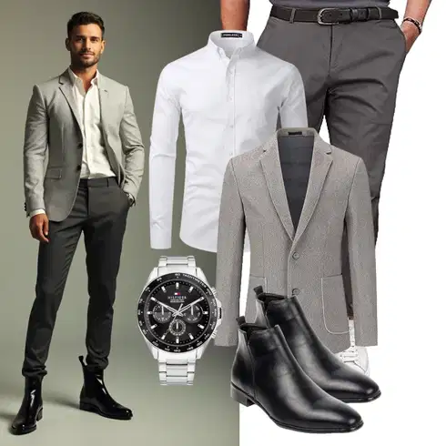 Boyfriend Grau/Weiß BusinessHemd/Business Hemd PARKLEES kombinierenLook: Elegant, Casual, Boyfriend, Stil, Büro, Business, Smart Casual, Edel, Unisex, Preppy, Ausgefallene, Nahtlos, Schlichte