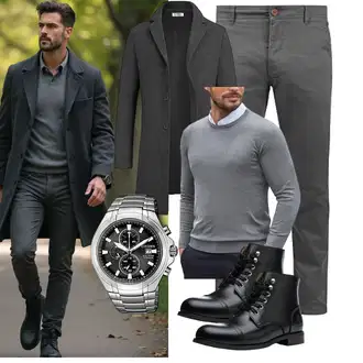 Winter Outfit mit Schwarz/Braun Stiefel Mit Reißverschluss/Leder Stiefelette/Motorradstiefel/Klassischer Stiefel/Schnürstiefelette/Springerstiefel SL-Saint "Business Outfit"