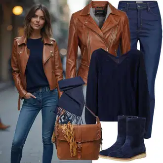 Outfit sa Bež/Smeđa Kožna Jakna/Vintage Kožna Jakna/Bajkerska Jakna/Kožna Bomber Jakna/Jakna od Umjetne Kože Faina "Cool proljetni outfit"