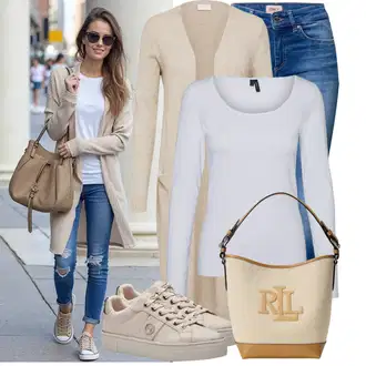 Kombinacije od trapera Pametno ležerno sa Smeđa/Bež Tanka tenisica/Tenisica s platformom/Skate cipela/Niska Tenisica/Kožna tenisica Tamaris "Proljetni outfit za žene"Look: Sportski, Egirl, Skater, Sveučilišna, Pametno ležerno