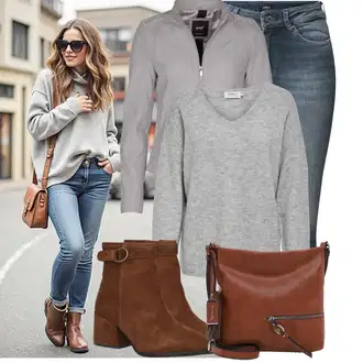 Outfit s Šedá/Světle šedá Svetr z Jemné Pleteniny/Basic Svetr/Kašmírový Svetr/Kašmírový Svetr/Mohair Pullover/Svetr na kojení/Jednoduchý Svetr/Svetr s V-výstřihem/Vlněný Svetr Only "Jarní outfit pro ženy"