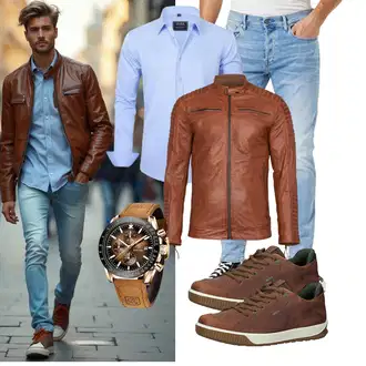 Stil Motorrad Outfit mit Braun/Beige/Dunkelbraun Motorradjacke/Bikerjacke/KunstLederjacke/Vintage Lederjacke FAPA "Freizeit Outfit"Look: Indoor, Dad, Elegant, Feine, Stil, Coole, Workwear, Empire, Moderne, Steampunk, 80er, Freizeit, Arbeits, Motorrad, Reiten