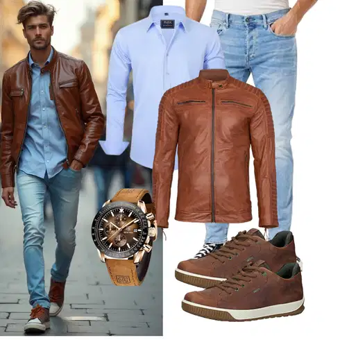 Braun/Beige/DunkelBraun MotorradJacke/BikerJacke/KunstlederJacke/Vintage LederJacke FAPA kombinieren