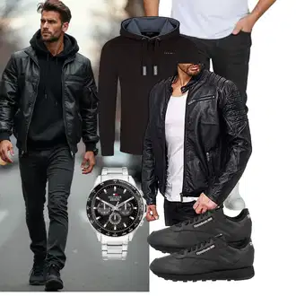 Outfit mit Schwarz Jacke mit Seitlichem Reißverschluss/Leder Bomberjacke/Motorradjacke/Bikerjacke/KunstLederjacke Redbridge "Freizeit Outfit"