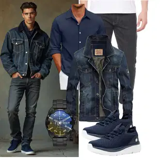 Hütten Outfit mit Dunkelblau/Blau/Hellblau Kurze Jeansjacke FM2018XSL "Freizeit Outfit"Look: Bar, Schule, Pop Konzert, Hütten