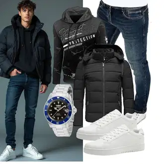 Hütten Outfit mit Schwarz/Dunkelgrau Hybridjacke/Isolationsjacke/Kapuzenjacke/Thermojacke/Kunstfaserjacke/Daunenjacke/Winterjacke/Puffer Jacke Redbridge "Freizeit Outfit"Look: Bar, Wasen, Bayram, Silvester, Pop Konzert, Electro, Hütten, Gala