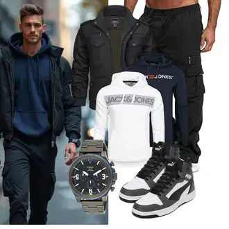 Outfit mit Schwarz/Dunkelblau/Khaki Parachute Hose/Cargo-JoggingHose/Capri/CargoHose/Cargo Short SOOUICKER "Freizeit Outfit"