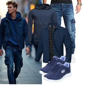 Outfit mit Blau REPUBLIX, Blau/DunkelBlau Collegejacke/Wolljacke/Trachtenstrickjacke/Jacke mit Seitlichem Reißverschluss/2in1 Jacke/Schlupfjacke/Langlaufjacke/Merinojacke/Uniformjacke donhobo "Freizeit Outfit"
