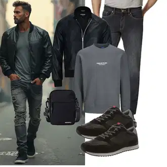 Outfit mit Schwarz/Dunkelblau/Grau/Blau Kunstlederjacke/Leder Bomberjacke Bohmberg "Freizeit Outfit"
