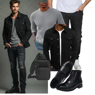 Winter Outfit mit Schwarz Schnürschuh/Vintage Stiefelette/Leder Stiefelette/Lederschuh/Gefütterte Stiefelette/Flache Stiefelette/Springerstiefel/Klassischer Stiefel/Schnürstiefelette SL-Saint "Freizeit Outfit"