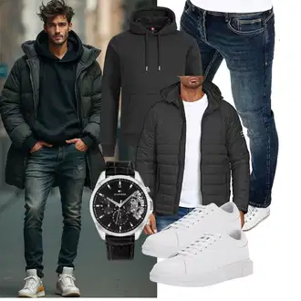 Outfit mit Dunkelgrau/Grau/Hellgrau/Schwarz Winterjacke/Hybridjacke/Daunenjacke/Kunstfaserjacke/Kapuzenjacke/Puffer Jacke/Isolationsjacke/Thermojacke Indicode "Freizeit Outfit"