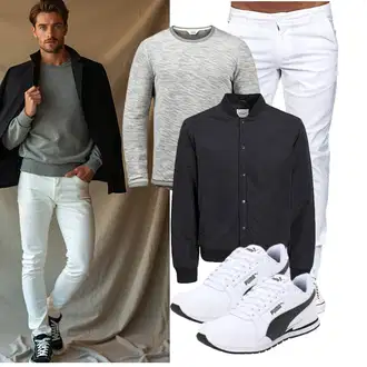 Outfit mit Schwarz/Dunkelgrau Collegejacke/Wachsjacke/Kunstfaserjacke/Nachhaltige Jacke/Coachjacke/Nylonjacke/Bomberjacke Jack & Jones "Freizeit Outfit"