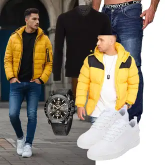 Outfit mit Gelb Winterjacke/Sommerdaunenjacke/Daunenjacke/Kapuzenjacke/Puffer Jacke Behype "Freizeit Outfit"