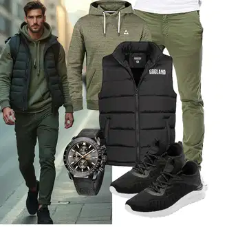 Outfit mit Schwarz/Grau/Dunkelgrau Isolationsweste/Kurze Weste/Steppweste/Daunenweste/Puffer Weste GOGLAND "Freizeit Outfit"