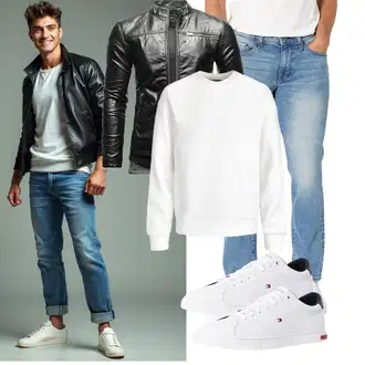Rundhals Outfit mit Weiß/Creme Sweatshirt Lederjacke/Women's Fleece Sweatshirts/Sport Sweatshirt Jack & Jones "Freizeit Outfit"