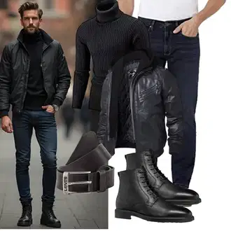 Motorrad Outfit mit Schwarz/Dunkelgrau/Grau Bikerjacke/Kapuzenjacke/Motorradjacke/Winterjacke/Fliegerjacke/Kunstlederjacke/Leder Bomberjacke/Jacke mit Seitlichem Reißverschluss FLAVOR "Freizeit Outfit"Look: Airsoft, Reiten, Motorrad