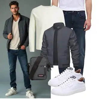 Outfit mit Dunkelblau/Dunkelgrau/Grau Uniformjacke/Kunstfaserjacke/Collegejacke/Jacke mit Seitlichem Reißverschluss/Fliegerjacke/Bomberjacke TACVASEN "Freizeit Outfit"